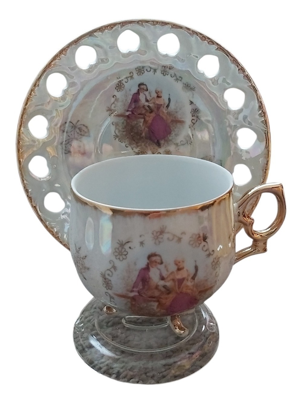 Vintage Japan Lusterware Courting Couple Footed Teacup & Reticulated Heart Sauce
